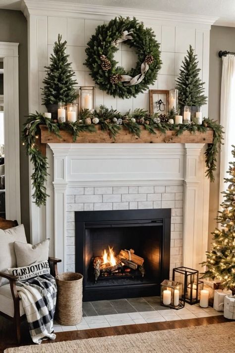 Christmas Tv Stand, Neutral Christmas Decor Ideas, Tv Stand Decor Ideas, Birch Candles, Christmas Living Room Decor, Christmas Mantel Decor, Christmas Village Sets, Christmas Tv, Tv Stand Decor