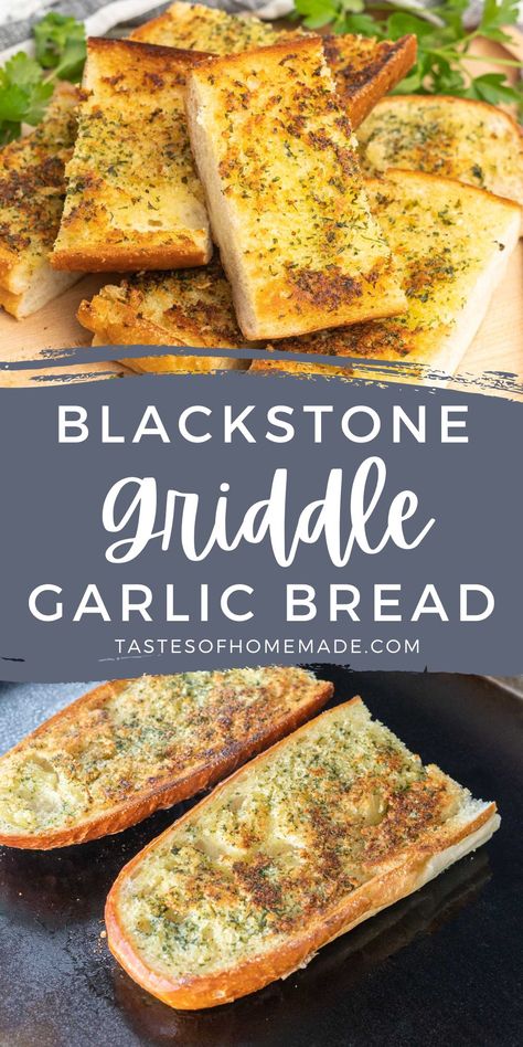 Blackstone griddle garlic bread is the perfect side dish for your next outdoor cookout.  Crispy on the outside, soft in the middle and full of flavour from the fresh garlic and parmesan cheese, this bread is quick, easy and delicious.  Whip up a side of this delicious bread the next time you need a quick side dish. Food To Cook On Blackstone Griddle, Garlic Bread On Blackstone, Blackstone Recipes Sides, Boneless Pork Chops On Blackstone Griddle, Blackstone Garlic Bread, Blackstone Desert Ideas, Black Stone Side Dishes, Griddle Side Dishes, Blackstone Grilled Cheese