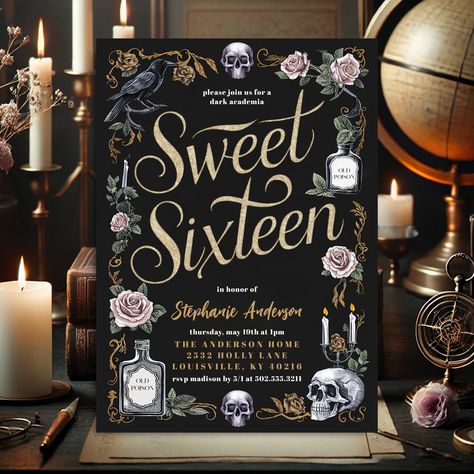 🕯️📖 Unveil the mystique of a Dark Academia Sweet Sixteen! 🥀🗝️ This bewitching invitation sets the stage for an unforgettable celebration filled with enchanting vibes and scholarly charm. Let your guests step into a world of mystery and magic. Tap the link in bio to customize yours! ✨ #zazzlemade #darkacademia #darkacademiaaesthetic #sweetsixteen #sweet16 #birthdayinvitations #partyinvitations #gothicinvitations #witchyaesthetic #darkromantic #gothicstyle #darkfairycore #halloweenparty #birt... Dark Academia Birthday Party, Dark Academia Birthday, 16 Birthday Invitation Template, Shop Dark Academia, Dark Academia Floral, Floral Sweet 16, Unique Birthday Ideas, Sixteen Birthday Party Ideas, Sweet Sixteen Birthday Invitations