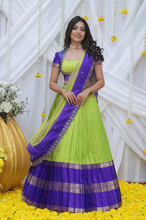 #pattulehenga #halfsaree #halfsareedesigns Blue Half Saree Designs, Modern Half Saree Designs, Silk Saree Lehenga Designs, Combination Blouse Design, Silk Lehenga Designs Latest, Pattu Lehenga Designs, Lehanga Blouses Modern Design, Salwar Models, Half Saree Blouse Designs