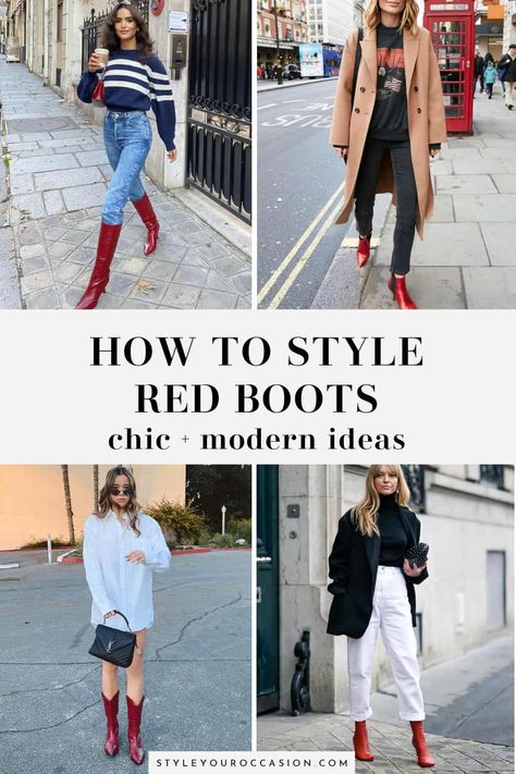 Looking for chic and modern red boots outfit ideas for women? This list has it all; red cowboy boots outfit ideas, red knee high boots outfit ideas, red ankle boots, and more. You'll get stylish inspiration that is on trend for 2023 whether you are looking for an outfit for going out to a concert or club, a western aesthetic, a fall or winter look, or a summer fit, and trust us - red boots look so good with jeans or a dress! Red Boot Outfit Fall, How To Wear Red Boots, Red Boots Street Style, Outfits With Red Cowboy Boots For Women, Red Chelsea Boots Outfit, Knee High Burgundy Boots Outfit, Red Suede Boots Outfit, Red Booties Outfit Winter, Burgundy Cowboy Boots Outfit