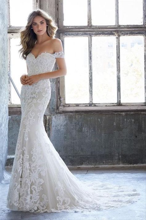 Mori Lee White Elegant Feminine Wedding Dress Size 12 (L) - Tradesy Corset Lace Wedding Dress, Flare Wedding Dress, Off Shoulder Wedding Dress, Fit And Flare Wedding Dress, Designer Bridal Gowns, Wedding Dress Pictures, Mori Lee, Wedding Dresses Photos, Lace Strapless