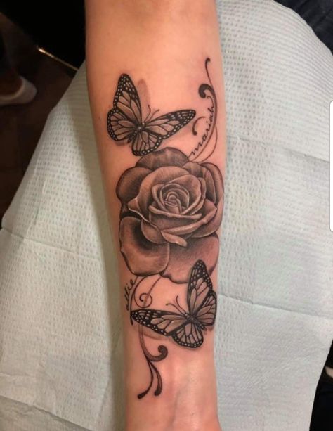 Roses And Butterfly Tattoo On Shoulder, Rose Arm Tattoos For Women Forearm, Butterfly And Rose Tattoo For Women, Forearm Tattoos For Girls, Arm Rose Tattoos For Women, Rose And Butterfly Tattoo Forearm, Rose Arm Tattoos, Pretty Forearm Tattoos For Women, Rose Tattoos On Arm