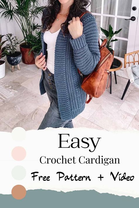 Learn how to create the perfect Easy Crochet Cardigan with this beginner-friendly pattern and video tutorial. This crochet pattern is made flat and comes in sizes XS to 5X, size inclusive! Build your confidence and dive into handmade wearables. Beginner Crochet Cardigan Free, Crochet Cardigan Easy Free, Basic Crochet Cardigan, Fast Crochet Cardigan Pattern Free, Crochet Sweater Cardigan Pattern Free, Free Crochet Cardigan Patterns Easy, Free Crochet Patterns Cardigan Women, Quick And Easy Crochet Cardigan, Crochet Patterns Cardigan Free