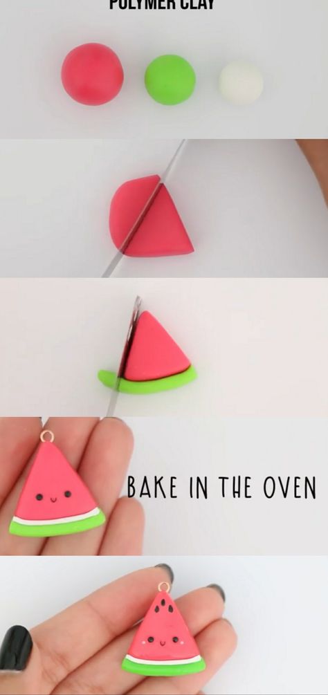 Earing Ideas Clay, Fimo Keyring Ideas, Cute Air Dry Clay Ideas Kawaii, Polymer Clay Watermelon, Polmar Clay Ideas Easy, Cute Easy Clay Ideas For Beginners, Fimo Keychain Ideas, Cute Polymer Clay Keychains, Clay Charm Tutorial