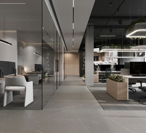 Industrial Office Design Workspaces, Office Interior Design Modern Workspaces, Modern Industrial Office Design, Industrial Interior Design Office, Private Office Design, Warehouse Office Design, Modern Industrial Office, Industrial Workspace, Open Office Design