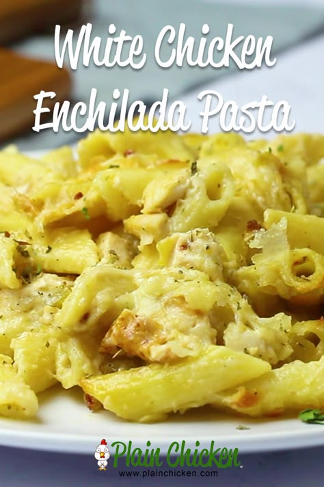 Green Enchilada Pasta, Chicken Enchiladas Pasta, Chicken Enchilada Pasta Bake, Green Chili Chicken Pasta, Recipes With Green Enchilada Sauce, Plain Chicken Recipes, Plain Chicken Recipe, Pasta Green, Chicken Enchilada Pasta