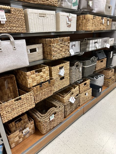 These are some of the best bins, and I found some really similar ones on Amazon! One set that I bought at TJ is also in the Amazon link below! Cane Baskets, Shelf Baskets, Camping Set Up, Organize Everything, Camping Set, Amazon Link, Cabinet Organizer, New House Decor, Basket Shelves