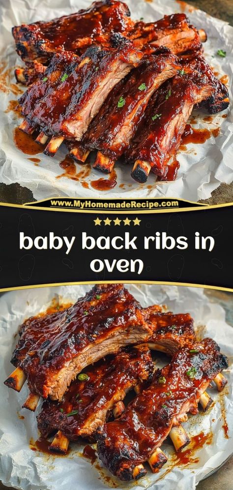 These Baby Back Ribs are fall-off-the-bone tender, coated in a smoky rub, and finished with a sweet and tangy barbecue glaze. Perfect for an easy, indoor BBQ! Ingredients: 1 rack baby back ribs 1 tbsp smoked paprika 1 tsp garlic powder 1/2 cup barbecue sauce A tender and flavorful rib recipe that’s perfect for any occasion! Bbq Ribs Recipe Oven, Baby Ribs Recipe, Beef Ribs In Oven, Bbq Ribs In Oven, Babyback Ribs In Oven, Back Ribs In Oven, Ribs Recipe Oven, Best Ribs Recipe, Rib Rub Recipe