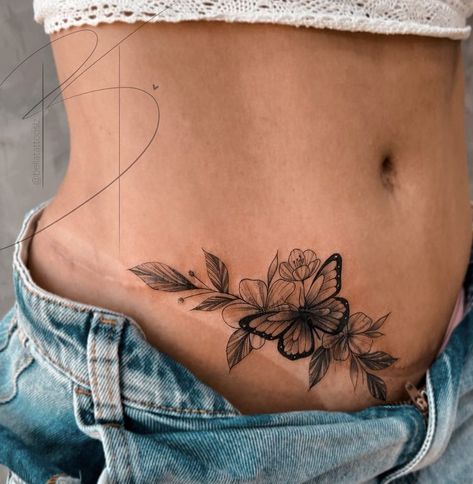 Waist Tattoos Flower, Tattoo To Cover Hip Surgery Scar, Tattoo Ideas Female Lower Stomach, Lower Pelvis Tattoo Women, Pelvic Area Tattoos For Women, Tattoos On Stomach For Women, Tattoo Waist Women, Abdominal Tattoos Women Lower, Lower Ab Tattoo Women