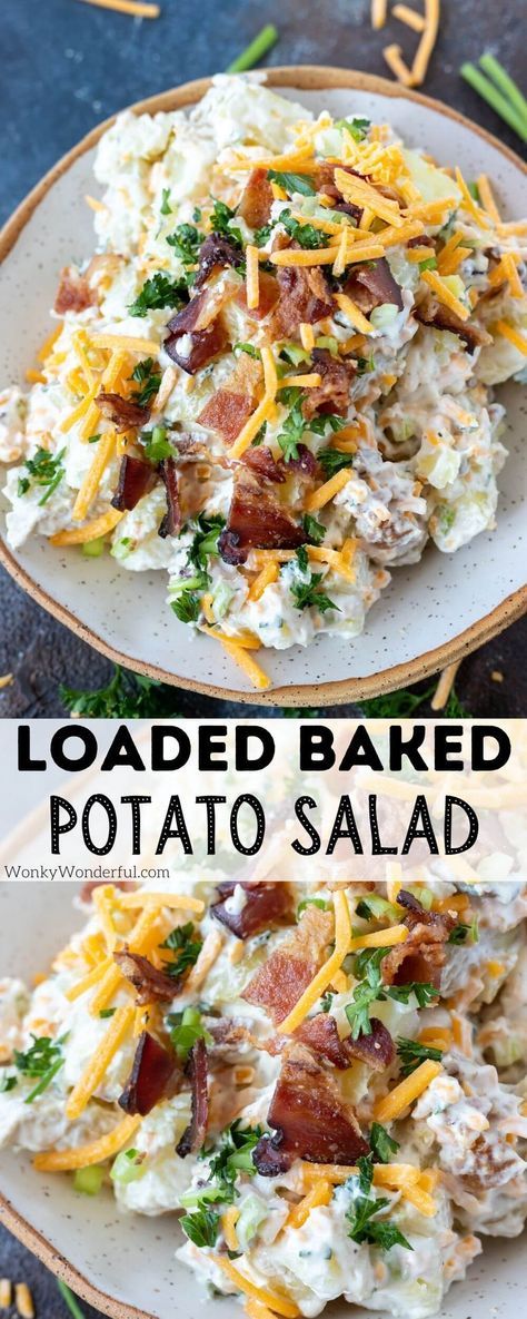 This Loaded Baked Potato Salad Recipe has all the great baked potato topping combined into a flavorful potato salad. Cheese, bacon, sour cream and green onions make this a truly unforgettable side dish. #sidedishrecipes #potatosaladrecipes #loadedpotatosalad Loaded Baked Potato Salad Recipe, Baked Potato Salad Recipe, Loaded Potato Salad, Loaded Baked Potato Salad, Salad Cheese, Potato Salad Recipe Easy, Baked Potato Salad, Bacon Potato Salad, Loaded Baked Potato