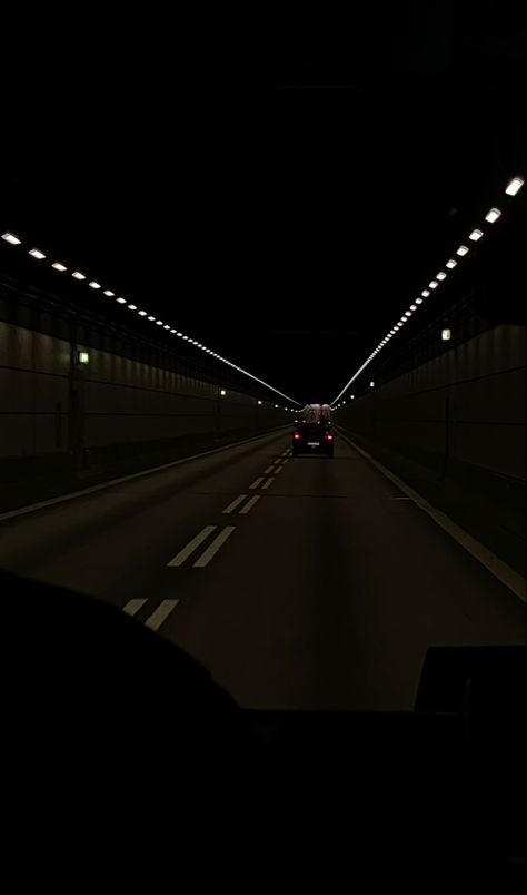 Car drive through dark tunnel aesthetic Tunnel Song Aesthetic, Car Lights At Night Aesthetic, Tunnel Aesthetic Drive, Car Tunnel Aesthetic, Car Drives Night Aesthetic, Dark Streets Aesthetic, District 6 Aesthetic, Aesthetic Road Pics, Dark Highway Aesthetic