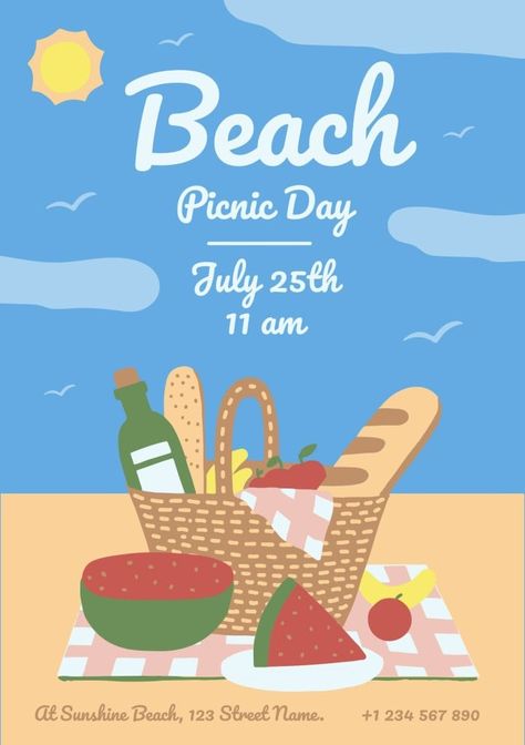 Colorful Hand-drawn Beach Picnic Invitation Beach Picnic Party, Picnic Invitations, Picnic Birthday Party, Beach Birthday Party, Picnic Birthday, Beach Birthday, Pretty Party, Picnic Party, Beach Picnic