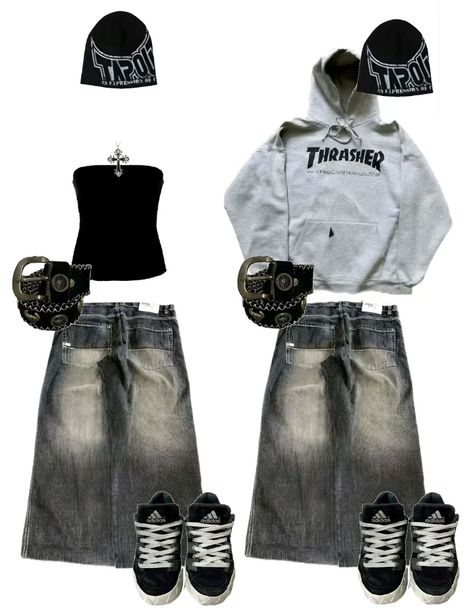 Skater Core Outfits, Emo Y2k Outfits Baggy, Matching Outfits Aesthetic, Emo Fitted Streetwear Tops, Grunge Mini Skirt For Streetwear, Alternative Cropped Streetwear Tops, Y2k Alternative Fashion Tank Tops, Ash Style, Baggy Outfit Ideas