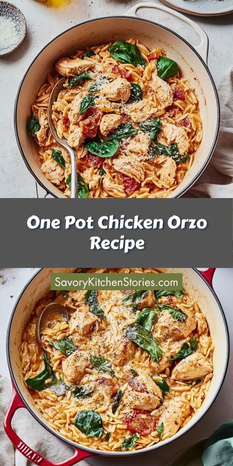 Looking for a delicious, hearty meal that’s easy to prepare? This One Pot Chicken Orzo Recipe is your answer! Enjoy a flavorful Mediterranean dinner that saves time and cleanup. Don’t forget to save this recipe for your next culinary adventure and impress your family with this delightful dish! Chicken Orzo Skillet One Pot, Italian Chicken And Orzo, Orzo Recipes With Spinach, Creamy Orzo With Chicken Sausage, Tuscan Orzo Chicken, Lemon Chicken Orzo Recipes, Healthy Chicken Orzo, Chicken Orzo Recipes Healthy, Healthy Orzo Recipes