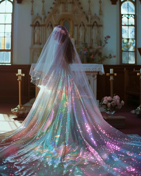 Iridescent Dress Aesthetic, Unique Wedding Dresses Different Colour, Led Wedding Dress, Rave Wedding Dress, Holographic Wedding Dress, Iridescent Wedding Theme, Unique Colored Wedding Dresses, Iridescent Veil, Iridescent Wedding Dress