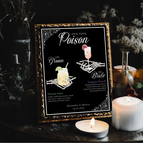 Halloween Wedding Signage, Pick Your Poison Bar, Gothic Wedding Diy Decorations, Halloween Wedding Activities, Spooky Season Wedding, Tasteful Halloween Wedding, Dark Fairytale Wedding Centerpieces, Black Wedding Ideas Decor, Halloween Backyard Wedding