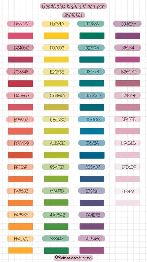 Highlighter Colours Goodnotes, Hex Color Pallete, Ipad Pen Colors, Good Notes Colors Code, Google Docs Hex Codes, Highlight Hex Code, Good Notes Colors Code Pen, 10 Color Palette Hex Codes, Hex Codes For Goodnotes