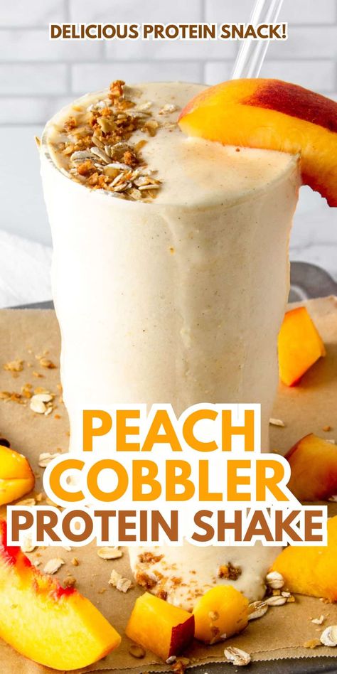 A high-protein twist on the classic summer dessert, this peach cobbler protein shake is a quick & delicious gluten-free protein smoothie. Makes a great high protein breakfast or snack! Smoothies Using Protein Powder, Healthy Pumpkin Protein Shake, Bulk Up Smoothies, Protein Shake No Blender, Shakes With Premier Protein, Protein Shake Recipes Breakfast, The Best Protein Shakes, Protein Shakes With Spinach, Bariatric Protein Smoothie Recipes