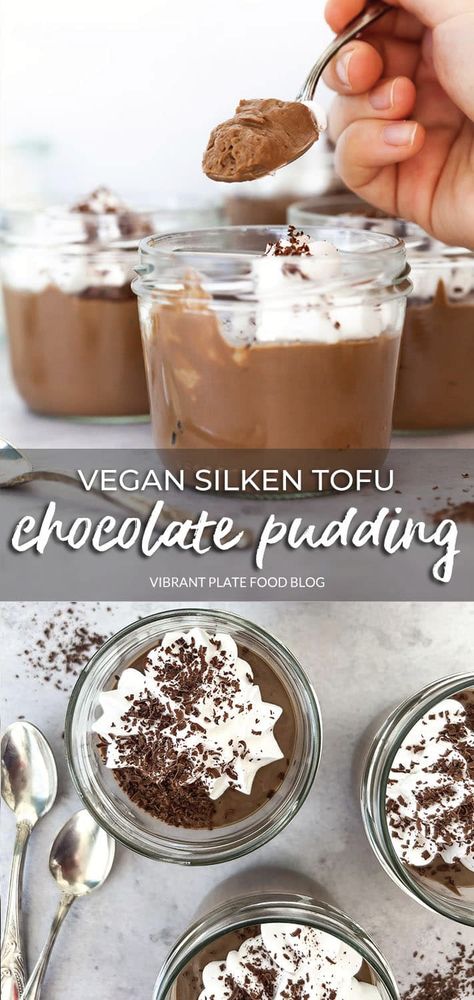 Vegan Tofu Chocolate Pudding is an easy protein-rich dessert that only takes minutes. Vegan & Gluten-Free, it uses silken tofu as its base. Silken Tofu Chocolate Pudding, Silk Tofu Dessert, Silken Tofu Mousse, Tofu Dessert Recipes, Tofu Dessert, Vegan Chocolate Pudding, Tofu Pudding, Vegan Pudding, Avocado Chocolate Pudding