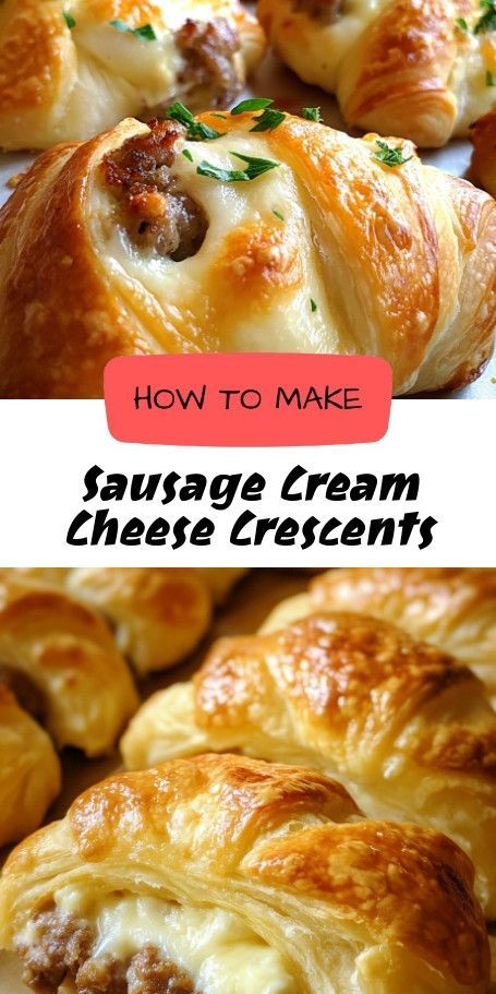 Delight your guests with these delicious Sausage Cream Cheese Crescents! Perfect for any party or as a savory snack, these flaky crescent rolls are filled with a creamy, cheesy sausage mixture. Quick to make and always a hit! Sausage Cream Cheese Crescent Rolls, Sausage Cream Cheese Crescents, Sausage Crescent Rolls, Sausage Crescents, Crescent Roll Recipes Dinner, Recipes Using Crescent Rolls, Snacks At Home, Crescent Roll Appetizers, Crescent Roll Breakfast Recipes