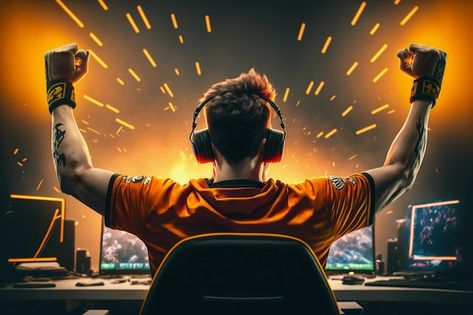 Photo professional e-sports gamer rejoic... | Premium Photo #Freepik #photo #cybersport #game-player #computer-game #video-gaming Youtube Banner Image, Gaming Banner Youtube, Gamer Photo, Youtube Gaming Banner, Banner Gamer, Youtube Banner Ideas, Total Gaming, Gaming Photo, Video Game Designer