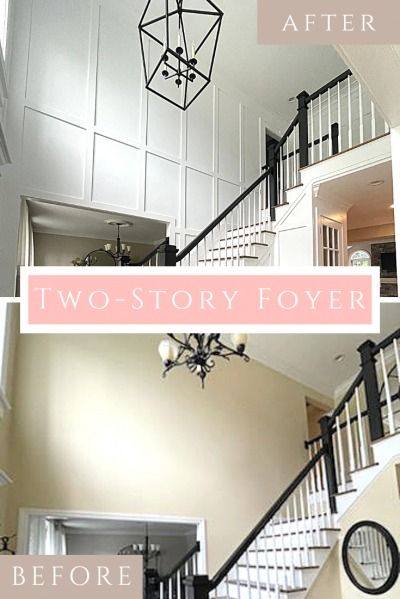 Two Story Molding, Wainscoting Ideas Foyer Entryway, Foyer Landing Decor, Board And Batten In Foyer Entryway, Tall Wainscoting Entryway, Wainscoting Ideas Entryway Stairways, Living Room 2 Story Ceiling, Entryway Two Story Foyer, 2 Story Foyer Paneling