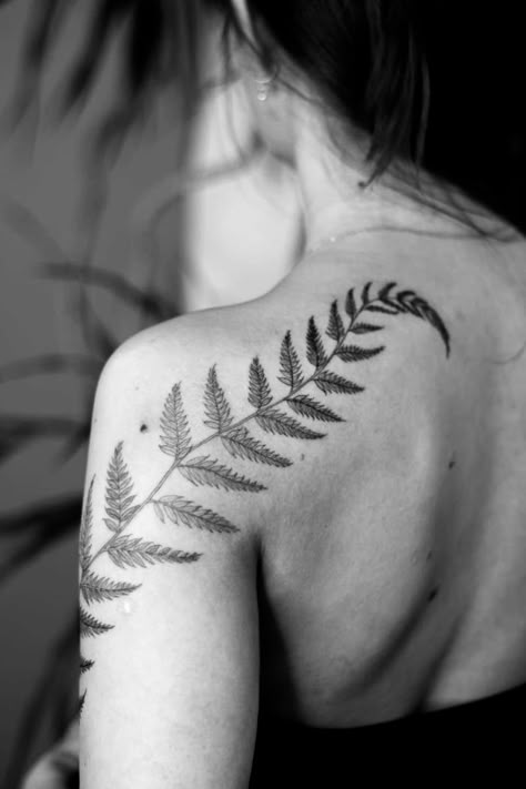 Fern Tattoo On Thigh, Fern Tattoo On Shoulder, Collar Bone Fern Tattoo, Upper Arm Fern Tattoo, Fern Shoulder Tattoos For Women, Fern Leaf Tattoo Shoulder, Fern Tattoo On Leg, Fern Tattoo Back Of Arm, Sternum Mushroom Tattoo