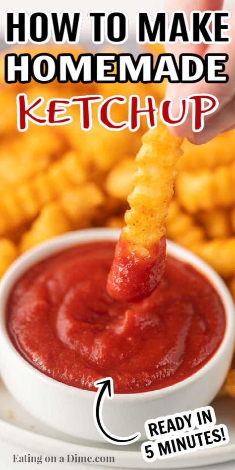 This easy, homemade ketchup with tomato paste is easy to make in only 5 minutes. Learn how to make this quick, healthy DIY ketchup recipe. This homemade ketchup recipe takes better than store bought! #eatingonadime #ketchuprecipes #condimentrecipes #easyrecipes Diy Ketchup, Homemade Tomato Ketchup, Tomato Ketchup Recipe, Homemade Ketchup Recipes, Ketchup Recipe, Homemade Ketchup, Homemade Sauce Recipes, Homemade Condiments, Condiment Recipes