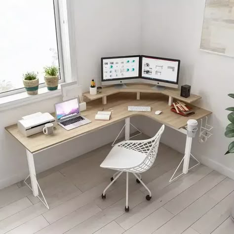 Top 28 Computer Desk Designs 2024: Transform Your Workspace Now - placeideal.com Computer Gaming Desk, Gaming Corner, Studio In Casa, L Desk, Shaped Desk, Computer Gaming, Office Inspo, Monitor Stand, Desk Ideas