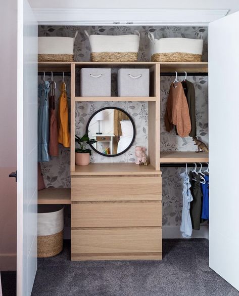 Small Walk In Closet Ideas With Dresser, Malm In Closet, Closet With Ikea Dresser, Closet With Malm Dresser, Malm Dresser Hack Closet, Small Step In Closet Ideas, Closet Organization Ideas Nursery, Reach In Closet With Vanity, Small Primary Closet