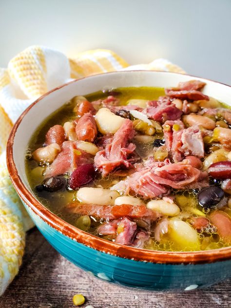 You will love this old fashioned ham and beans soup recipe! This is a perfect leftover ham soup with beans! This leftover holiday ham recipe will be perfect after Easter or after Christmas! 15 bean soup with ham bone starts with an easy 15 bean soup mix recipe! This ham and beans stovetop soup with a ham bone is so tasty! Ham And Beans Stovetop, Bean Soup With Ham Bone, Soup With Ham Hock, Ham And Beans Soup, Beans Stovetop, 15 Bean Soup With Ham, Leftover Ham Soup, Ham Bone Bean Soup, Bone Soup Recipes