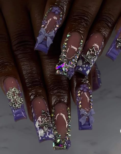 Bling Acrylic Nails Purple, Sharp Purple Nails, Dark Purple And Silver Nails Acrylic, Purple Nails With Rhinestones Bling, Sweet 16 Nail Ideas Purple, Amethyst Inspired Nails, Junk Nails Long, Purple Junk Nails, Junk Nails Bling Medium