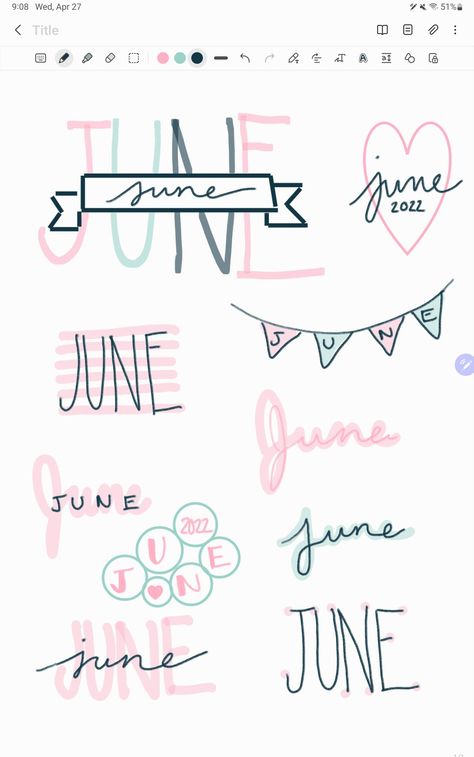 Scrapbook Writing Fonts, June Font Ideas, 1 Month Scrapbook Page, June In Cursive, April Font Hand Lettering, June Cursive, June Handlettering, June Month Aesthetic, Journaling Headers