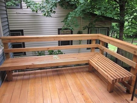 Built In Bench On Porch, Deck Rail Seating Ideas, Small Deck With Bench Seating, Bench Deck Railing, Deck With Bench Railing, Deck Built In Bench, Floating Deck With Railing, Rectangle Deck Layout Ideas, Deck Seating Ideas Built Ins