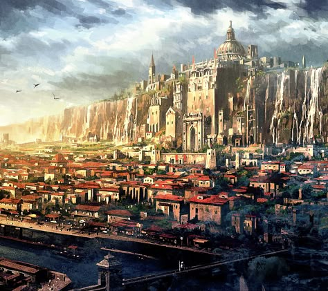 castle over city City In The Sky, Fantasy Cities, Fantasy Locations, Anime City, Fantasy Worlds, Fantasy City, Fantasy Castle, Fantasy Setting, Fantasy Places