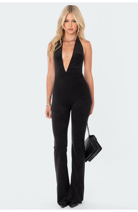 Make a striking impression in this plunge-neck jumpsuit crafted from rich velvet with an open back and wide hems. Plunge neck Halter neck Polyester/spandex Machine wash, tumble dry Imported 60s Inspired Outfits, Disco Jumpsuit, Open Back Jumpsuit, Fitted Romper, Velvet Jumpsuit, Backless Jumpsuit, Fitted Jumpsuit, Jumpsuit Pattern, Jumpsuit Outfit