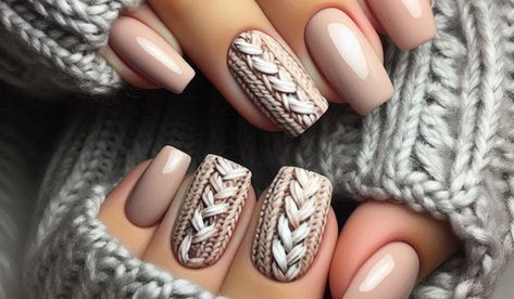 10 Cozy Sweater Nails Designs for Short Nails You’ll Fall in Love With As the leaves begin to change color and the air turns crisp, it’... Sweater Look Nails, Simple Sweater Nails, Cable Knit Nail Art, Cozy Sweater Nails, January Sweater Nails, How To Do Sweater Nails, Nude Sweater Nails, Nails Sweater Design, Sweater Effect Nails