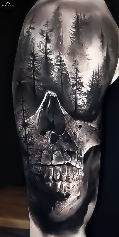 Skull Tattoo On Ribs, Elk Tattoo Men, Elk Skull Tattoo, Realistic Skull Tattoo Design, Elk Tattoo, Elk Skull, Tree Sleeve Tattoo, Tree Sleeve, Forearm Band Tattoos