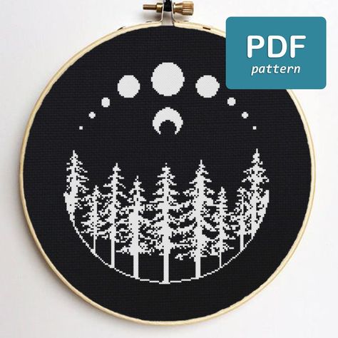 Forest Cross Stitch Pattern, Witchy Cross Stitch, Forest Cross Stitch, Pagan Cross Stitch, Black And White Cross Stitch, Moon Forest, White Cross Stitch, Moon Cross Stitch, Бесплатные Схемы Для Вышивки Крестом