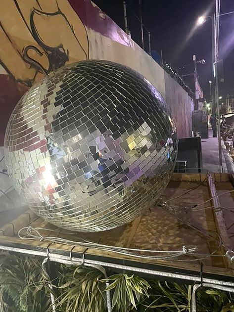 Mystery of giant Miami disco ball solved Giant Disco Ball, Wynwood Walls, Denim And Diamonds, Homeless Shelter, Charity Fundraising, Mirror Ball, University Of Miami, Art Basel, Disco Ball