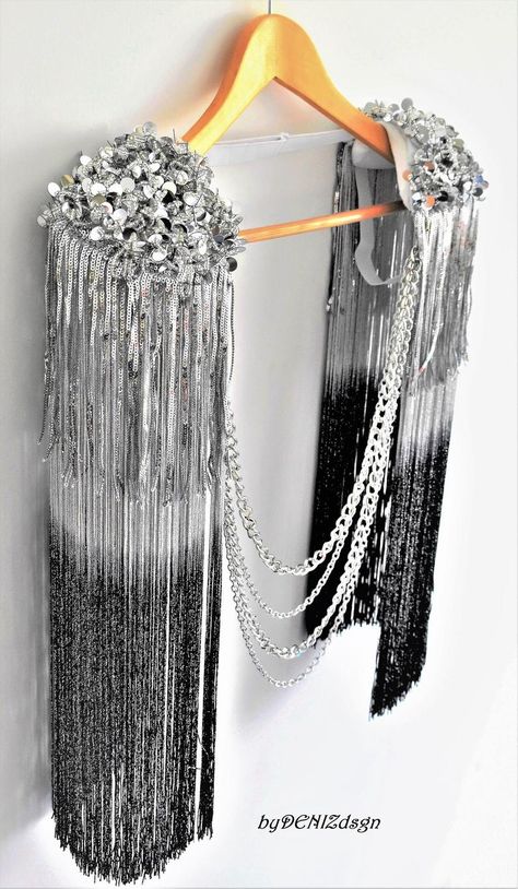 Long Dip Dyed Gray TasselSilver Sequin | Etsy Diy Epaulettes, Silver Clothing, Silver Sequin Outfit, Silver Festival Outfit, White And Silver Outfit, Silver Costume, Shoulder Piece, Silver Party Outfit, Looks Festival