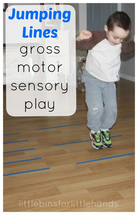 Simple proprioceptive gross motor play indoors! Jumping lines for proprioceptive sensory input is an easy idea. Proprioceptive gross motor play any time. Indoor Gross Motor Activities, Preschool Gross Motor, Gross Motor Development, Gross Motor Activity, Indoor Activities For Toddlers, Gross Motor Activities, Motor Development, Motor Skills Activities, Movement Activities