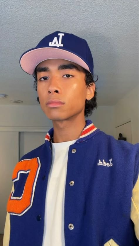 Jaymin Khansmith, Blue Letterman Jacket, Uniqlo Airism, Guys Outfits, Male Haircuts Curly, Male Haircuts, Haircuts Curly, Letterman Jacket, Fitted Hat