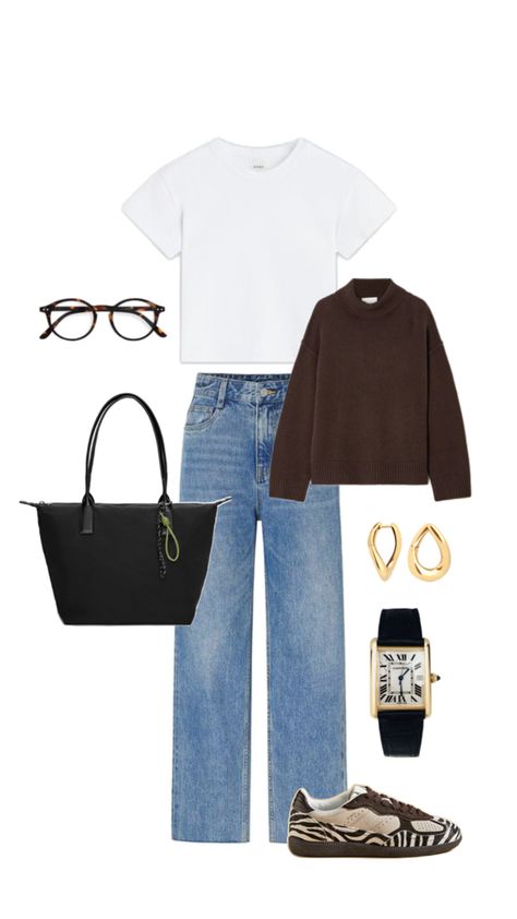 Blue jeans, white t-shirt, brown turtleneck, Black nylon bag, Aloha sneakers, IziPizi glasses Turtleneck Shirt Outfit, Brown Turtleneck Outfit, Brown Turtleneck, Turtleneck Outfit, Back To School Outfit, Turtleneck Shirt, Jeans White, Outfit Inspo Fall, Back To School Outfits