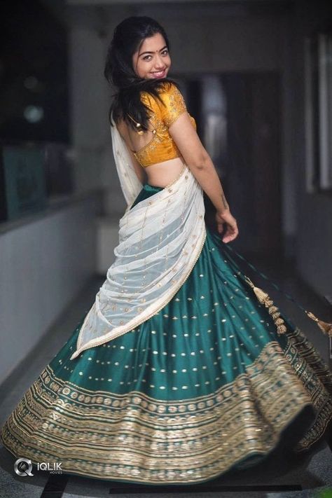 Rashmika Mandanna Photo Gallery Half Saree Photoshoot Poses, Half Saree Poses, Saree Ceremony, Long Anarkali, Half Saree Lehenga, Sisters Photoshoot, Indian Kurti, Dress Book, Rashmika Mandanna