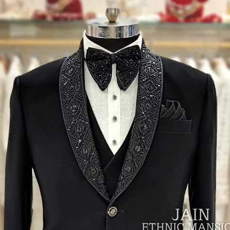 Embroidery Coat Pant For Men, Designer Black Tuxedo, All Black Tuxedo For Men, Embroidery Suits Design Men, Black Tuxedo For Men, Tuxedo For Men Wedding, Jodhpuri Suits For Men Wedding, Lapel Embroidery, Indo Western Outfits For Men