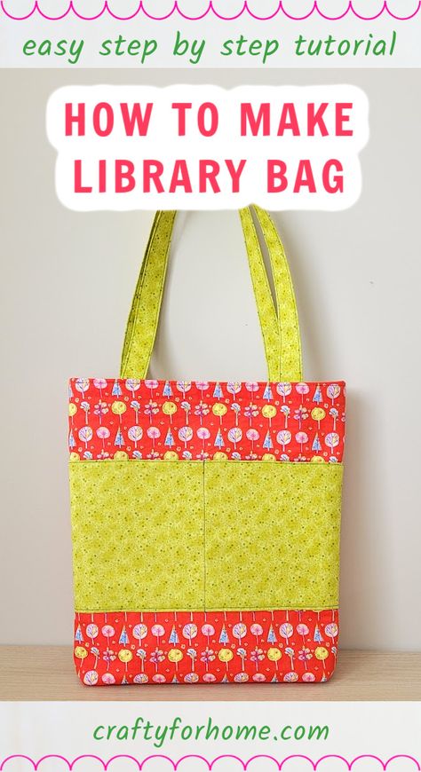 Red and green fabric tote bag with pocket. Teacher Bag Pattern, Library Bag Sewing Pattern, Diy Book Bag Pattern, How To Make A Book Bag, Library Bag Pattern, Book Bag Pattern Free, Book Bag Patterns To Sew, Hand Sew Bag, Library Book Bags For Kids