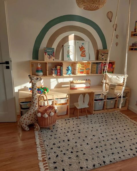 Toddler Room Shelves, Small Bedroom And Playroom Combo, Ikea Storage Combination Ideas, Kidsroom Ikea Room Ideas, Trofast Nursery, Hygge Kids Bedroom, Tiny Toddler Room, Toddler Corner In Living Room, Ikea Trofast Playroom