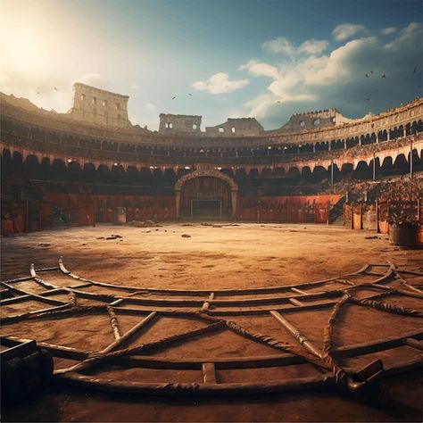 A large circular arena game background w... | Premium Vector #Freepik #vector #colosseum #rome #italy #ancient-rome Ancient Rome Background, Coliseum Concept Art, Coliseum Fantasy Art, Ancient Rome Colosseum, Gladiator Arena Concept Art, Ancient Background Aesthetic, Gladiator Background, Fantasy Colosseum, Spartan Background